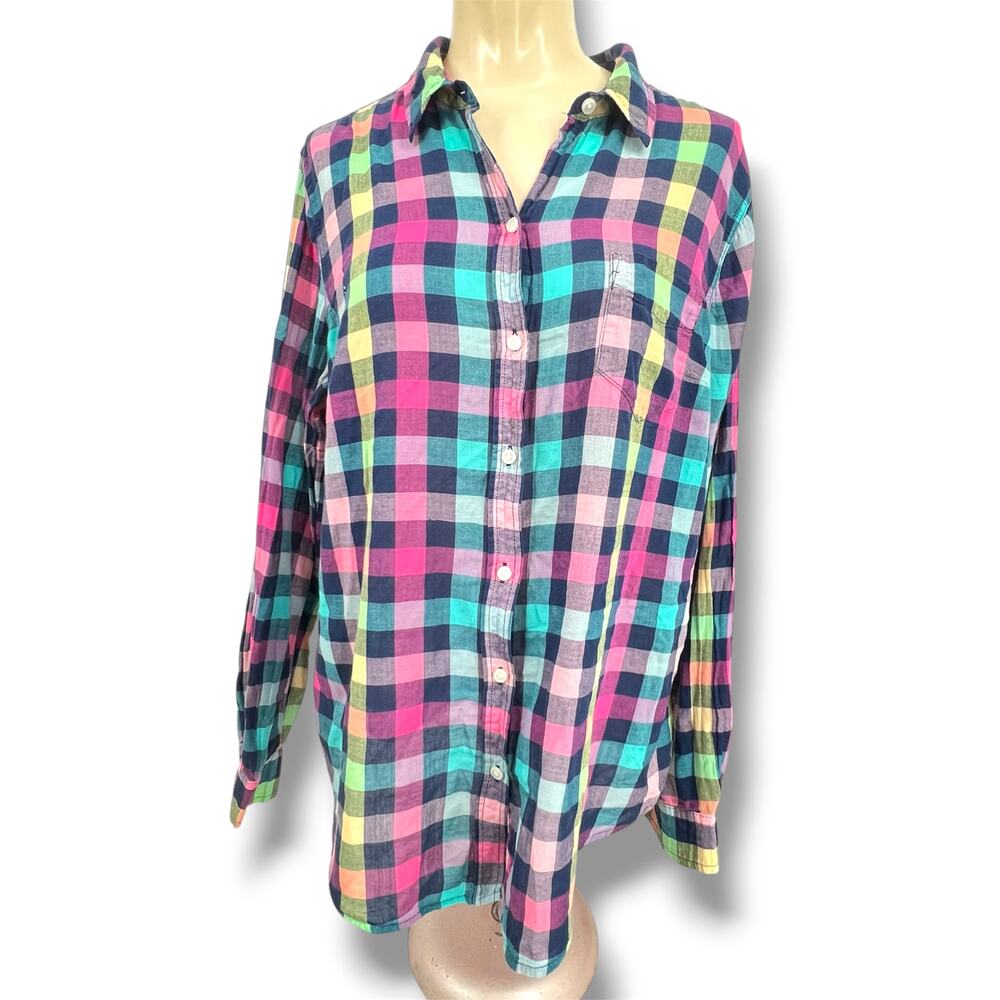OLD NAVY Woman's Madres Classic Multi Check Button Up Blouse L  Summer Boho